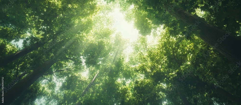 Poster lush green tree crowns viewed from below with radiant sunlight creating a serene forest atmosphere a