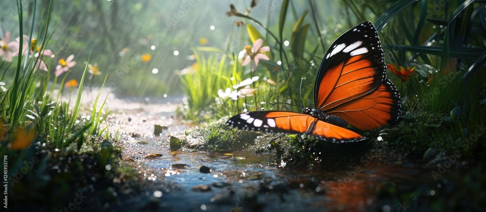Poster vibrant butterfly resting on a sunlit path surrounded by lush greenery and delicate wildflowers in a