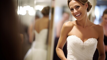 Naklejka premium Radiant Bride-to-Be Trying on Wedding Dress in Elegant Setting