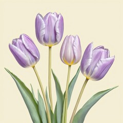 Fototapeta premium Four purple and white tulips with green leaves on beige background