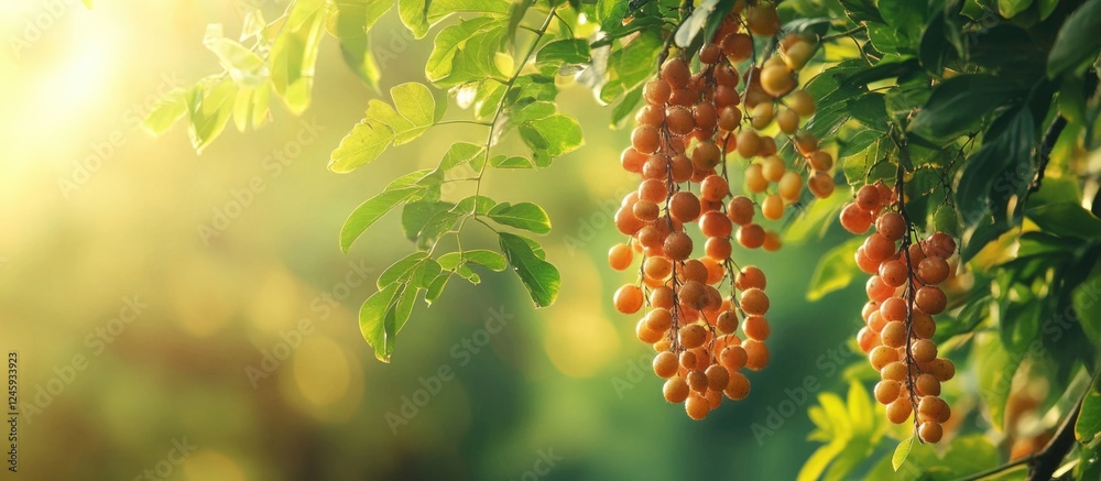 Poster burma sal fruit hanging on tree branches in soft sunlight with blurred nature background depicting l