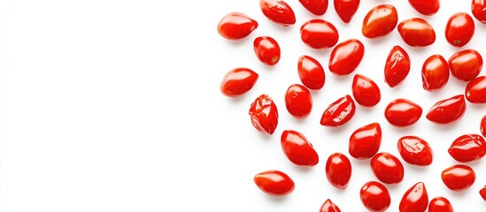 Fresh cherry tomatoes scattered on a clean white background showcasing their vibrant red color and smooth texture. Perfect for food photography.