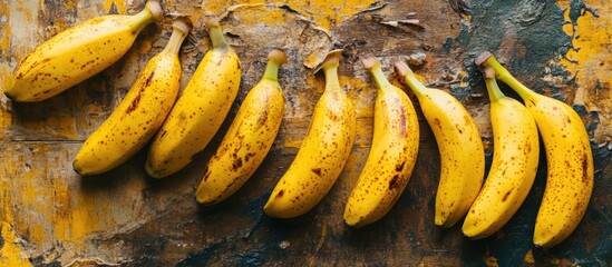 Fresh ripe bananas arranged on rustic wooden background with a vibrant yellow surface creating a warm and inviting atmosphere.