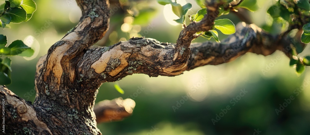 Poster Textured tree branch illuminated by warm sunlight with soft green bokeh background creating a serene natural atmosphere.