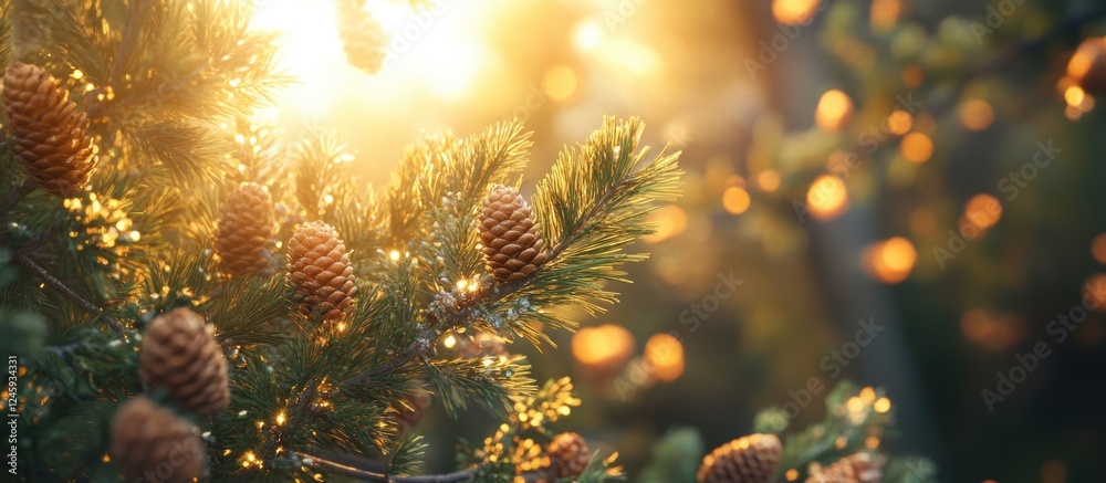 Poster sunlit brown pine cones on branches of pinus brutia pityusa surrounded by long needles in a spring s