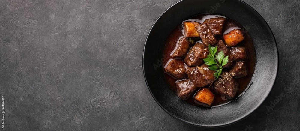 Poster braised beef back ribs in sweet soy sauce served in a black bowl with space for text overlay on a da