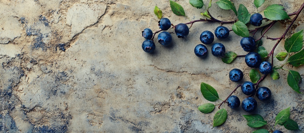 Aufkleber Blueberry branches with lush leaves on a textured cement background creating a rustic and natural aesthetic in a top view perspective