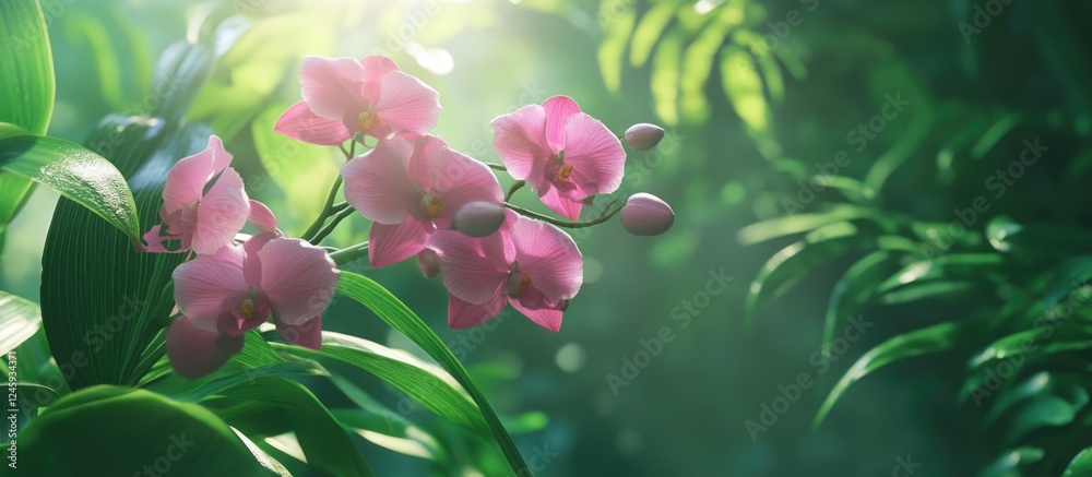 Poster blooming pink orchid branch surrounded by lush greenery with soft light creating a serene garden atm