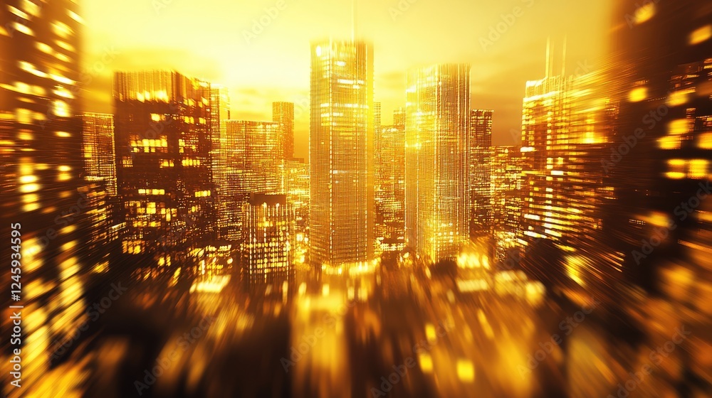 Poster golden lights illuminate skyscrapers and buildings in a futuristic cityscape at night, with a blurre