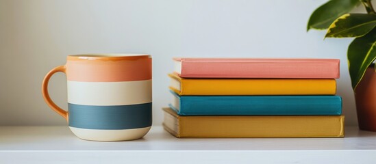 Fototapeta premium Coffee mug beside colorful stacked books on shelf with greenery in background creating a cozy reading or study atmosphere