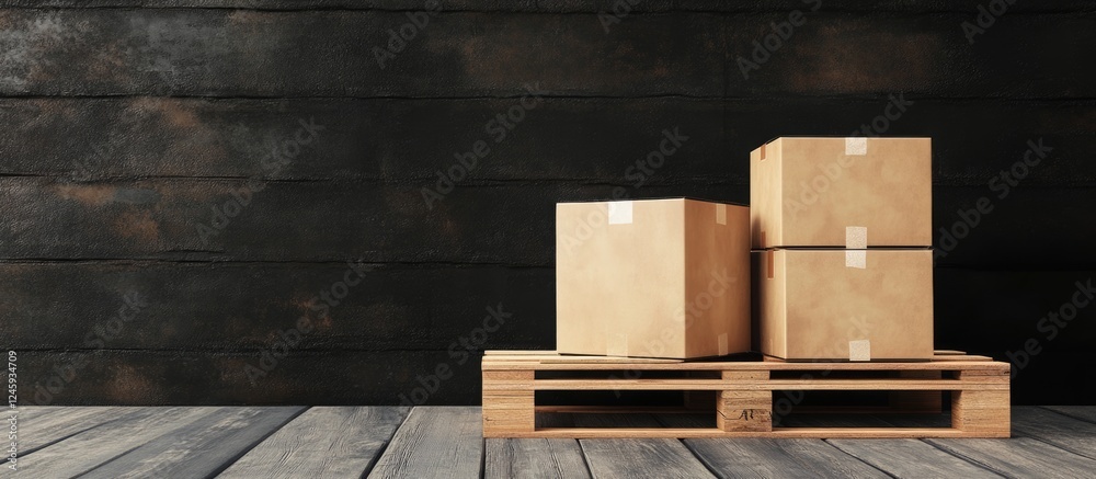 Poster Cardboard Boxes Stacked on Wooden Pallet in Warehouse with Dark Wood Background and Empty Space for Text or Branding