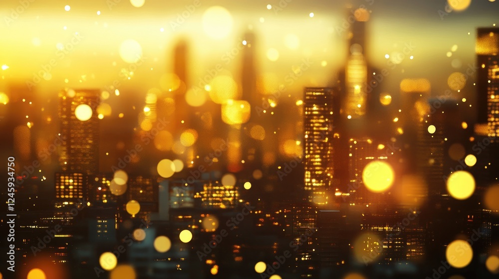 Poster golden lights illuminate skyscrapers and buildings in a futuristic cityscape at night, with a blurre