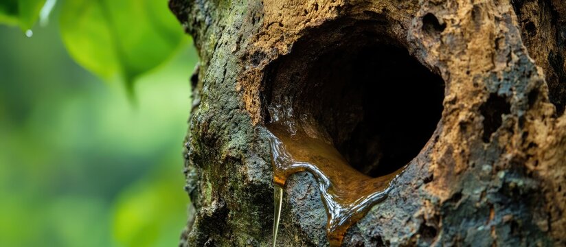Closeup of hollow damar tree trunk showing sap extraction process of Shorea javanica in a lush tropical environment