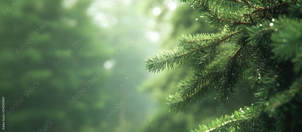 Poster spruce tree branch with lush green needles surrounded by a misty forest atmosphere create a serene n