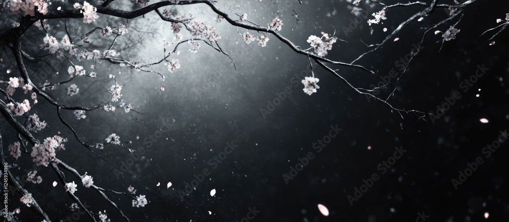 Poster Cherry blossom tree branches with dark background and space for text, ideal for spring themes and nature-related designs.