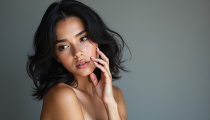 Fototapeta premium This stunning portrait captures a young woman with dark, wavy hair, gazing thoughtfully into the distance. Her delicate expression and gentle touch to her face evoke a sense of introspection and