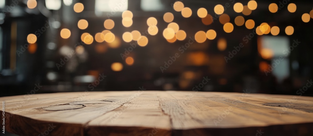 Poster Close up of rustic wooden table with blurred bokeh lights in background creating a warm atmosphere for product display and text space