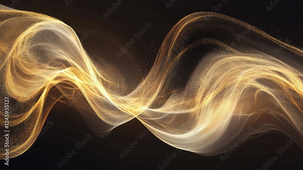 Poster Golden particles and light trails swirling into an abstract vortex, creating a dynamic design that reflects energy, technology, and futuristic aesthetics.