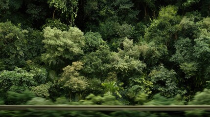 Lush rainforest beside train tracks, motion blur background, travel brochure