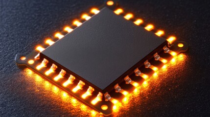 Microchip close-up with illuminated connections against a dark background ideal for technology-themed advertisements or informational content.