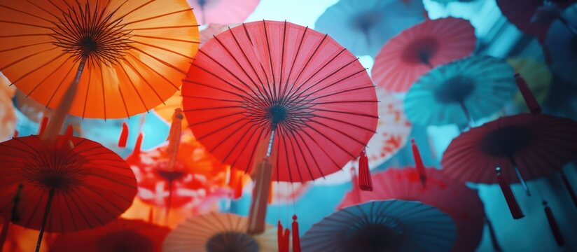 Colorful Chinese paper umbrellas adorned with intricate patterns in a vibrant display in Bangkok creating a stunning artistic atmosphere