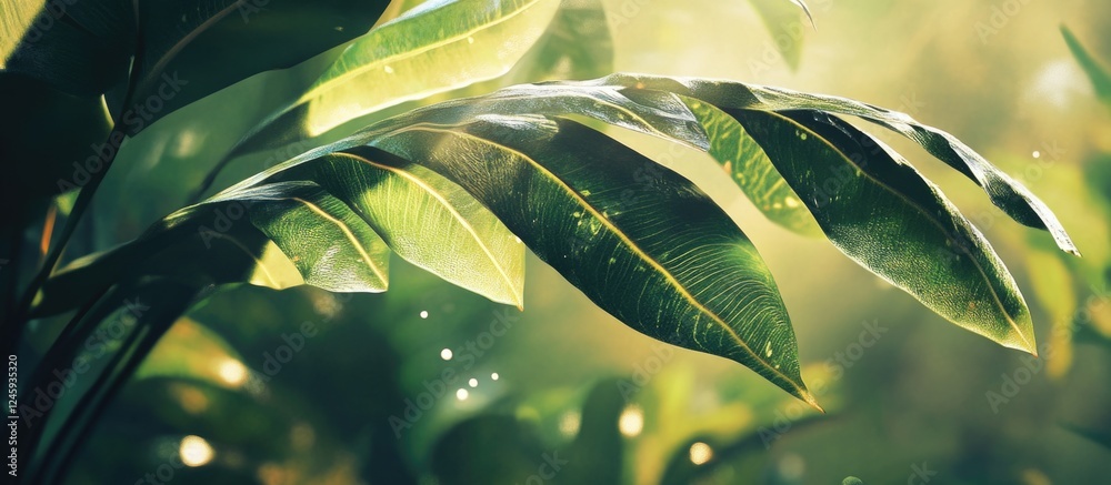Poster Lush green leaf branch with vibrant details basking in soft sunlight creating a serene natural atmosphere in a forest setting