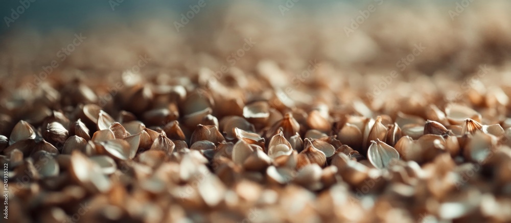 Poster buckwheat grain texture close-up with shallow depth of field highlighting natural details and colors