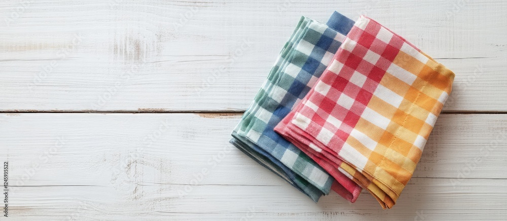 Poster colorful checkered napkins neatly stacked on a rustic white wooden surface showcasing a vibrant and 