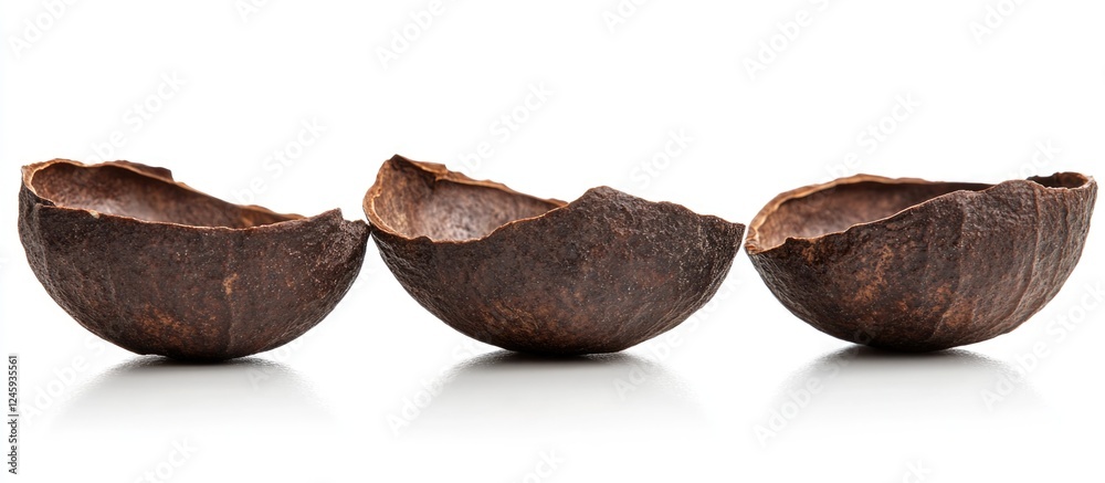 Poster brazil nuts in nutshells arranged on a white background showcasing their natural texture and form fo