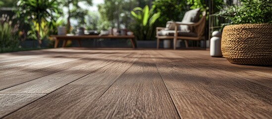 Composite wood terrace deck showcasing natural textures amid a lush garden setting, ideal for outdoor construction and landscaping inspiration.