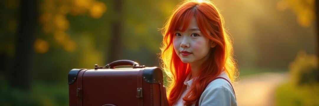 Red-haired subject, antique suitcase; sunlight, auburn, case