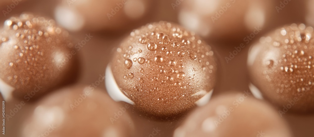 Poster Close-up of brown water droplets on a smooth glass surface creating a textured abstract background with soft focus and natural colors.