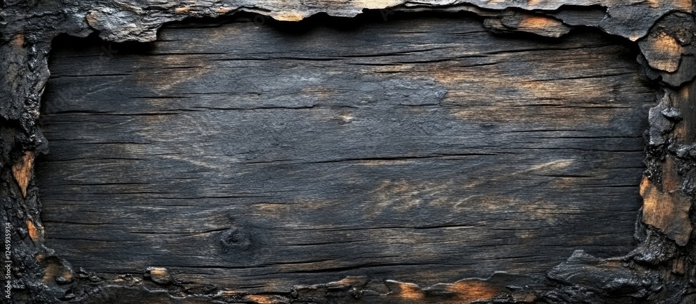 Poster Burnt wooden backdrop with a charred frame suitable for adding text or graphics in a creative design or advertising project.