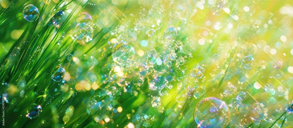 Poster colorful bubbles on a lush green grass background with soft bokeh lighting creating a dreamy and vib