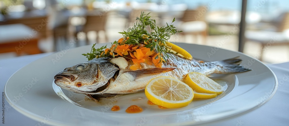 Aufkleber fresh bream garnished with herbs and lemon slices on a white plate ready for cooking in a fine dinin