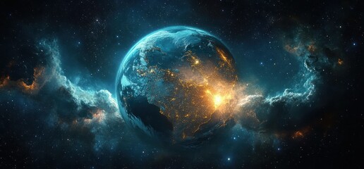 Obraz premium Hyper-realistic view of Earth from space illuminated by ethereal light showcasing continents oceans and cosmic stars