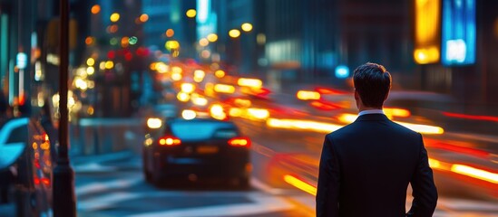 Businessman in suit contemplating urban landscape with motion blur showcasing light traffic and ample space for text or messaging.