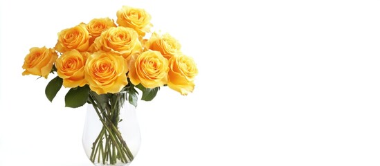 Obraz premium Vibrant yellow roses arrangement in a clear vase with white background perfect for floral design and decoration concepts.