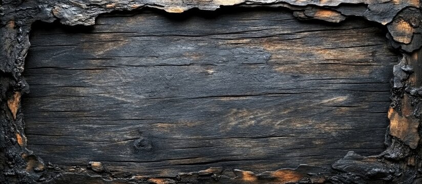 Burnt wooden backdrop with a charred frame suitable for adding text or graphics in a creative design or advertising project.