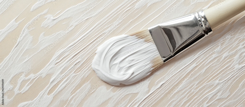 Poster white paintbrush on a light wooden surface creating a textured pattern for home improvement and reno