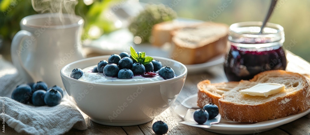 Poster delicious breakfast featuring creamy yogurt topped with blueberries alongside toast and homemade blu