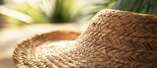 Closeup of a palm woven sun hat showcasing intricate details and natural textures against a blurred tropical background