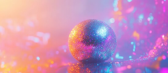 Colorful glittering disco ball on shimmering background with vibrant hues and space for customizable text or branding elements.