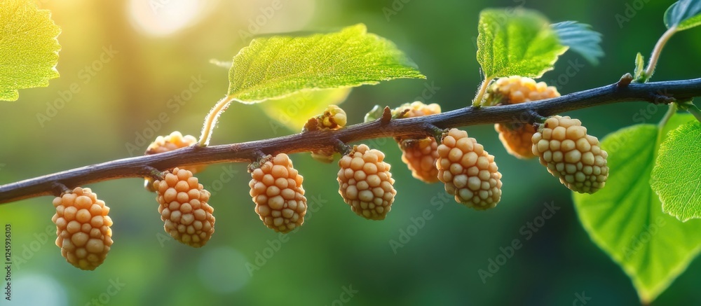 Poster bumps on a branch depicting fruits in a sunlit latvian forest showcasing nature's textures and vibra