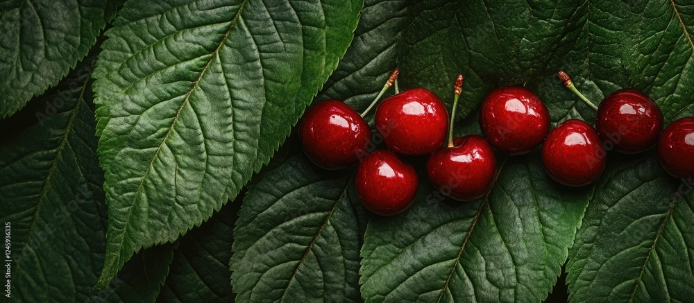 Poster fresh red cherries arranged on vibrant green leaves creating a natural and inviting composition suit