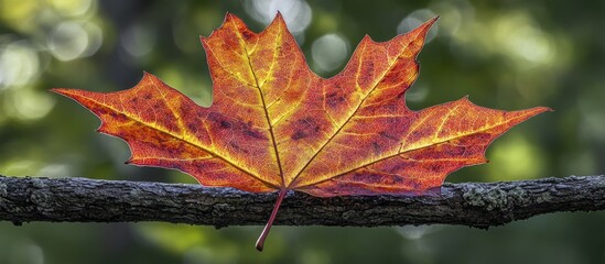 Fototapeta premium Vibrant closeup of a colorful maple leaf resting on a branch with a natural blurred background showcasing autumn foliage.