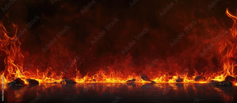 Aufkleber Burning flames in a cozy fireplace creating an inviting atmosphere with ample empty space for custom text or messages.
