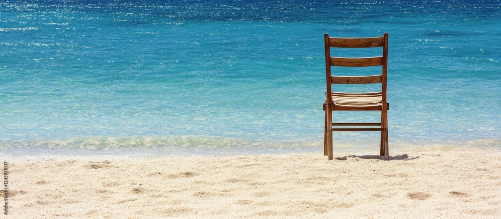 Aufkleber lone wooden chair by the tranquil sea on a deserted sandy beach with ample space for text in a seren