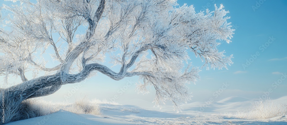 Poster frosty branches of a tree in a winter landscape with snow and ice reflecting serene nature beauty on
