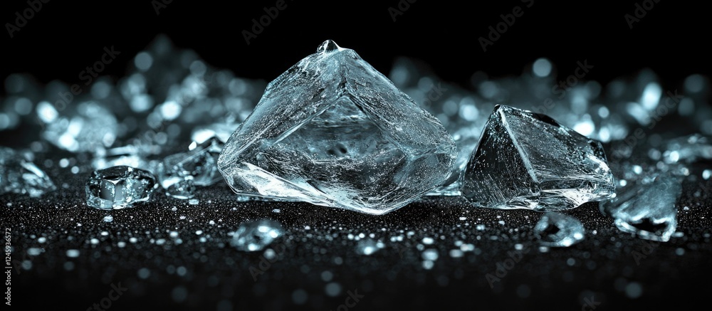 Poster shattered glass pieces on a dark surface creating a dramatic and high-contrast visual effect for cre